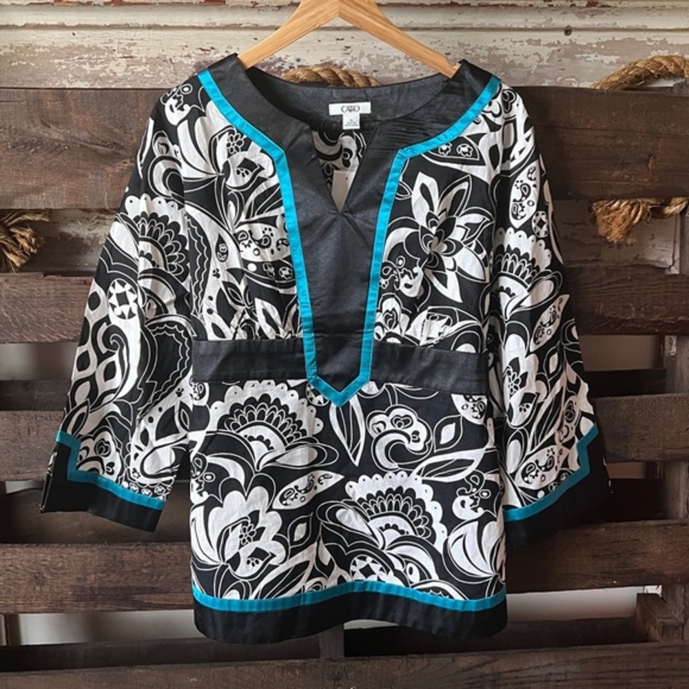 🟤NWT CATO Tunic Top with Back Tie in Black/White/Turquoise XL